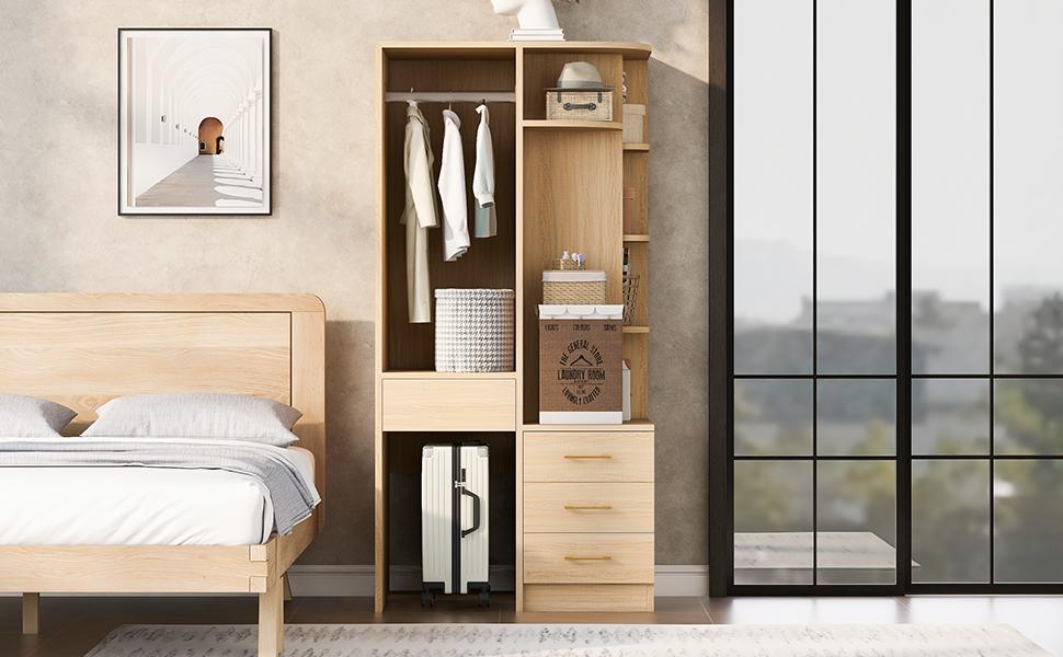 Kleiderschrank 70 × 55 × 175 cm, Mehrere Fachböden, Großer Kleiderstangenbereich, Holzfarbe