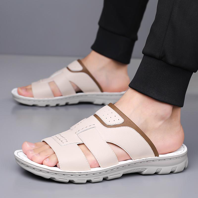 Men Black Leather Slippers Flats Summer Brown Wide Head Sandals Outdoor White Beach Shoes for Father Over Sized 46 47 48