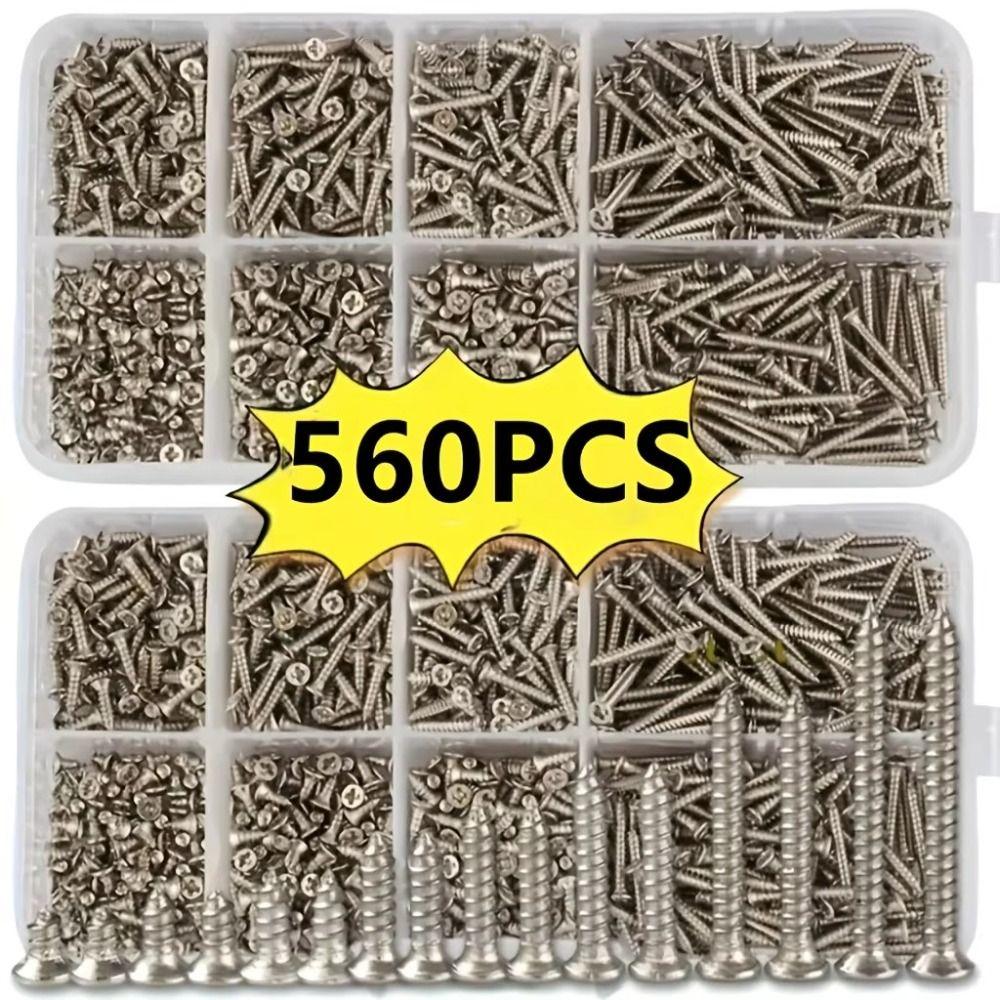 560Pcs Carbon Steel Self Tapping Screws Flat Head Phillips Drive Machine Screw Kit Fully Threaded Assorted Sizes