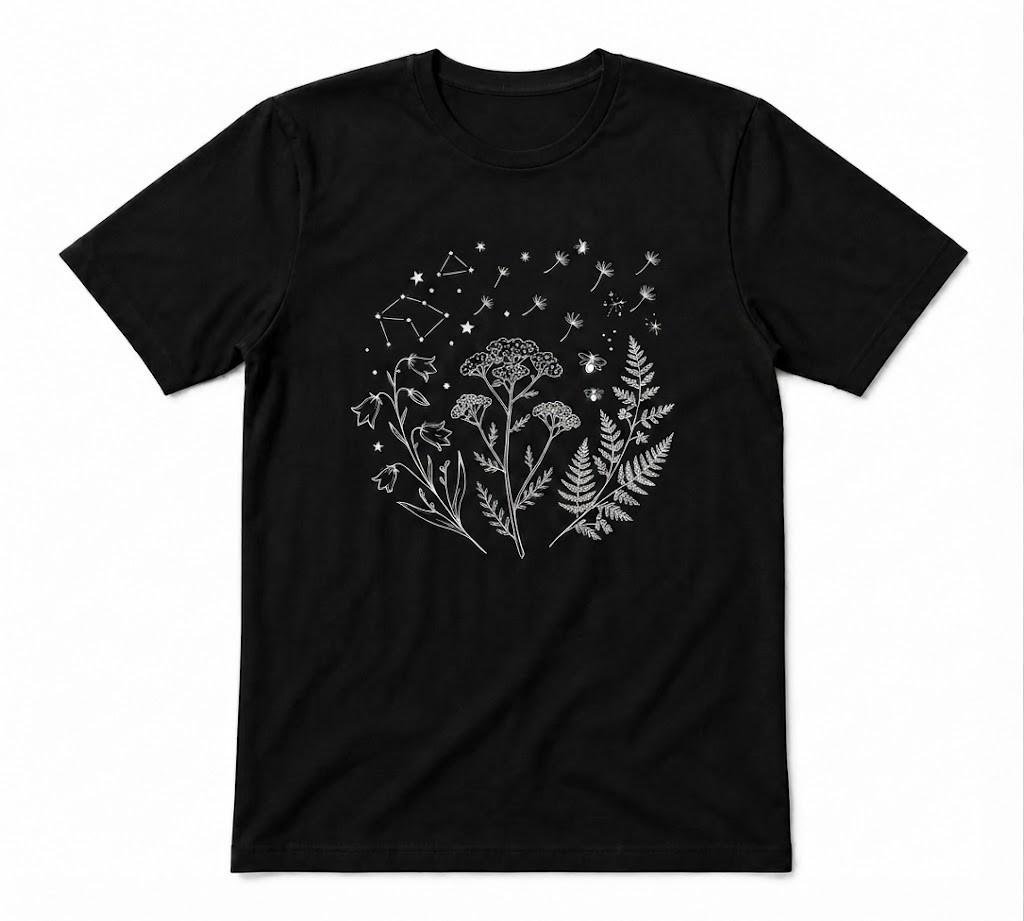 Dandelion Wildflower Minimalist Botanical Graphic Tee Black T-shirt