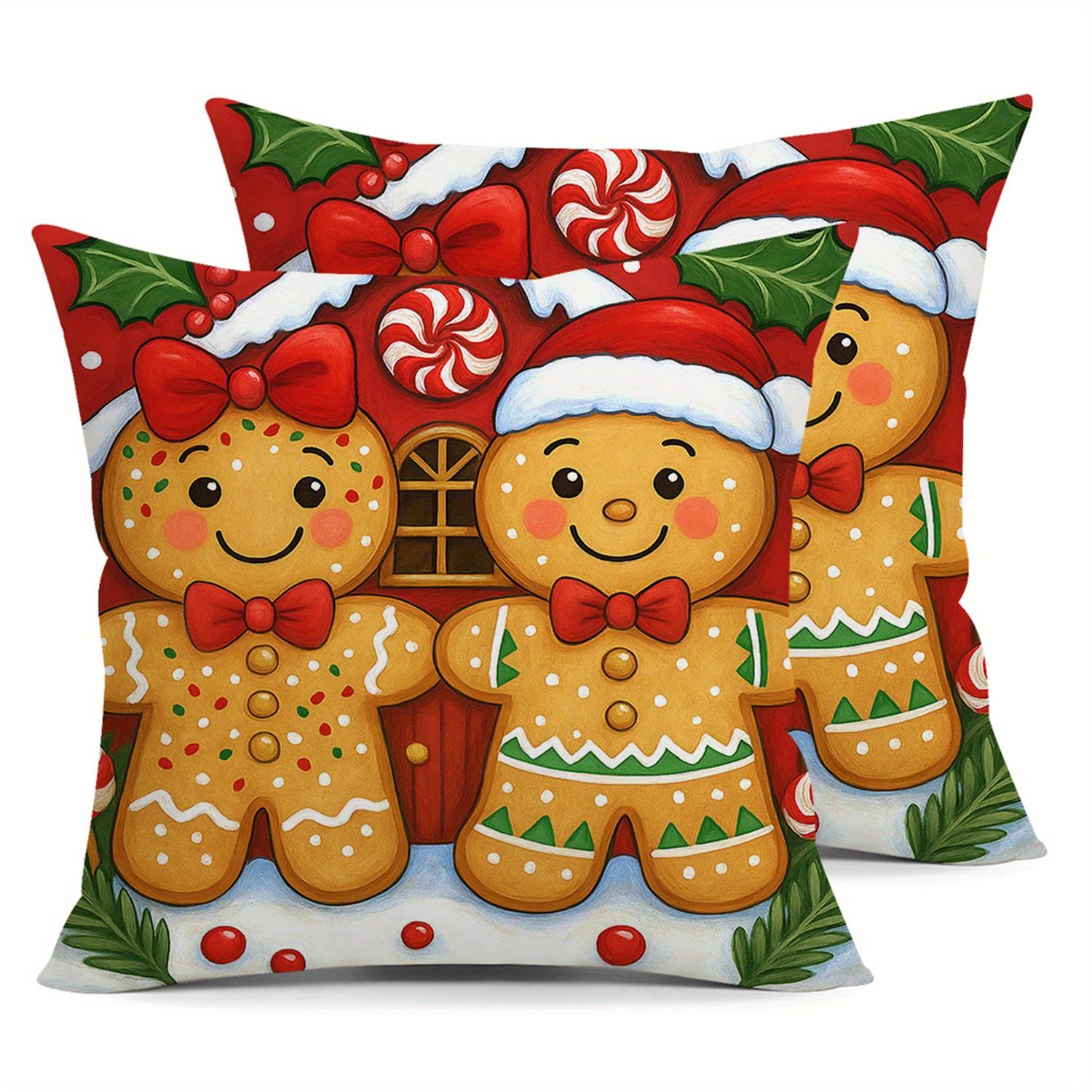 2pcs Red Bow Gingerbread for Man Christmas Throw Pillow Covers Candy House Cushion Case Winter Home Party Decorations 2PCS