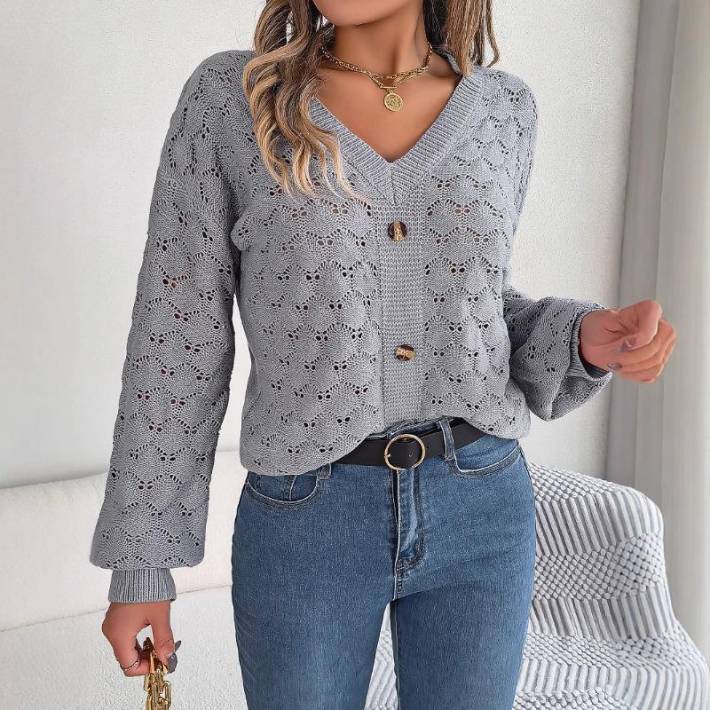 Autumn and winter casual V-neck button hollow lantern sleeve pullover sweater, elegant casual gray temperament ladies long-sleeved knitted sweater