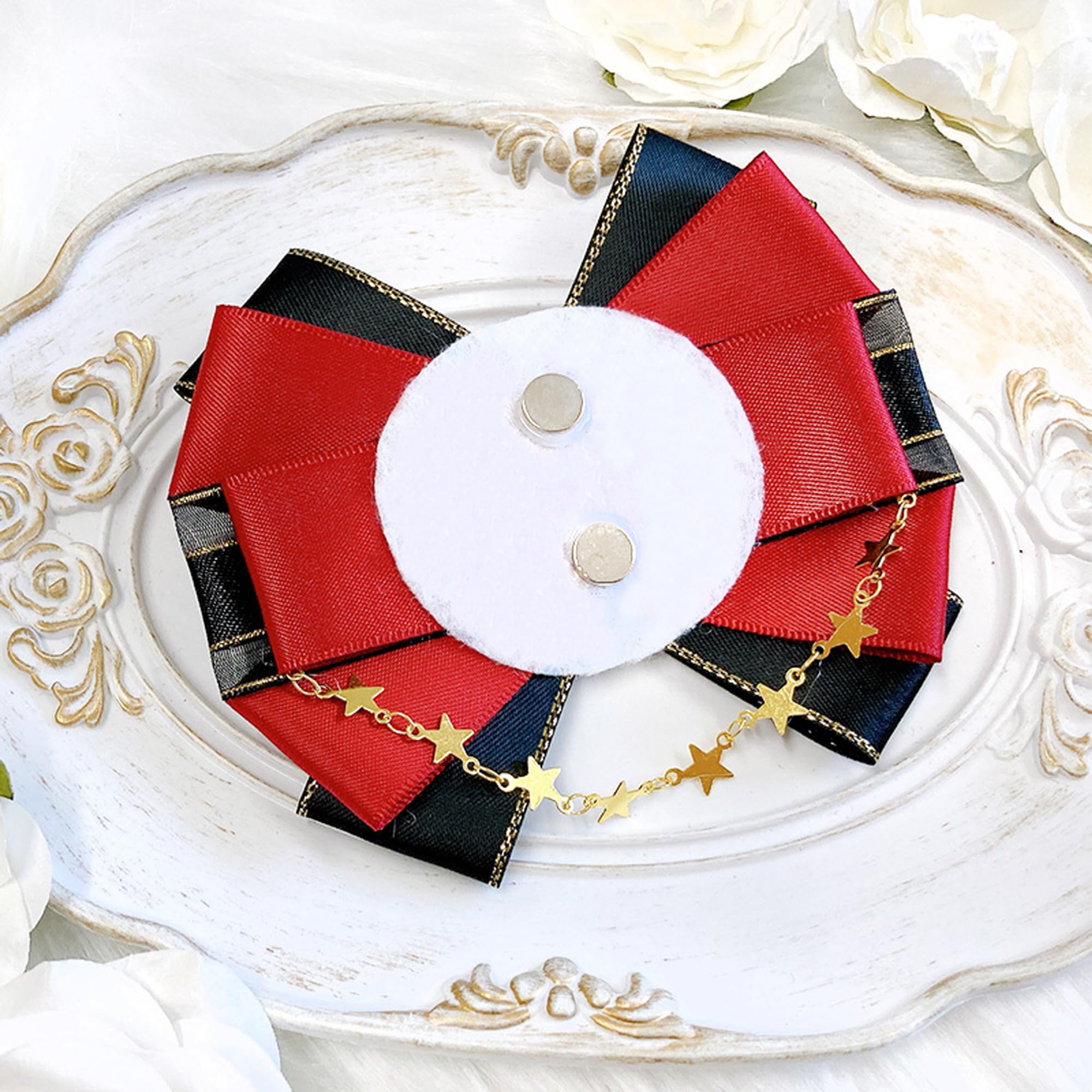 Ribbon-Shaped Rosette Badge, 57mm58mm, Ita Bag Decoration, Handmade Rosette, Ribbon, BlackRed [Used]