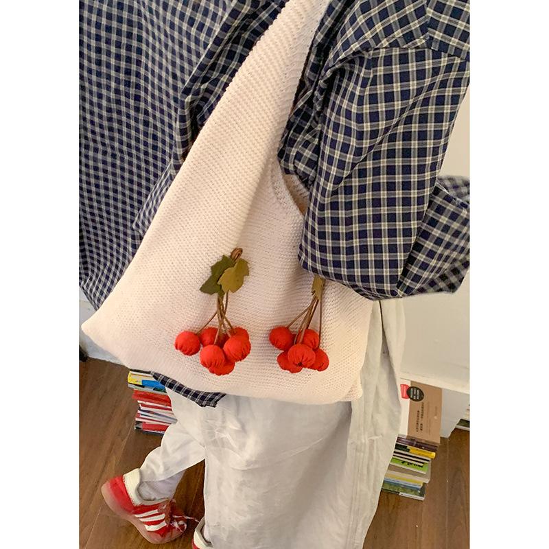 Niche Fashion Wool Knitted Bag Women's  New Literary Cherry Tote Bag Large-capacity Woven Shoulder Bag