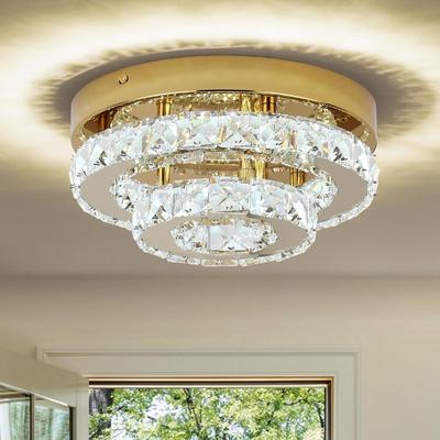 Round Crystal LED Ceiling Light - Stainless Steel Fixture for Hallways, Corridors, Restaurants, and Bedrooms.