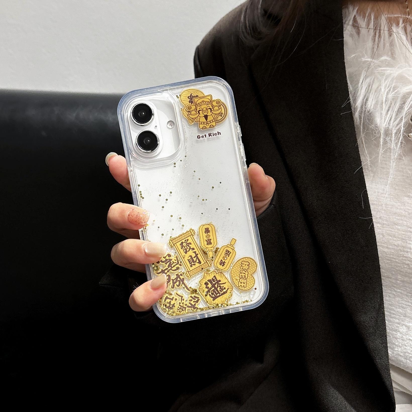 

Flowing Sand Shell Gold Foil God of Wealth Case for iPhone 16 Pro Max Apple 15 Phone Case 13/14 Transparent Case 17 17Pro max(without Packagi