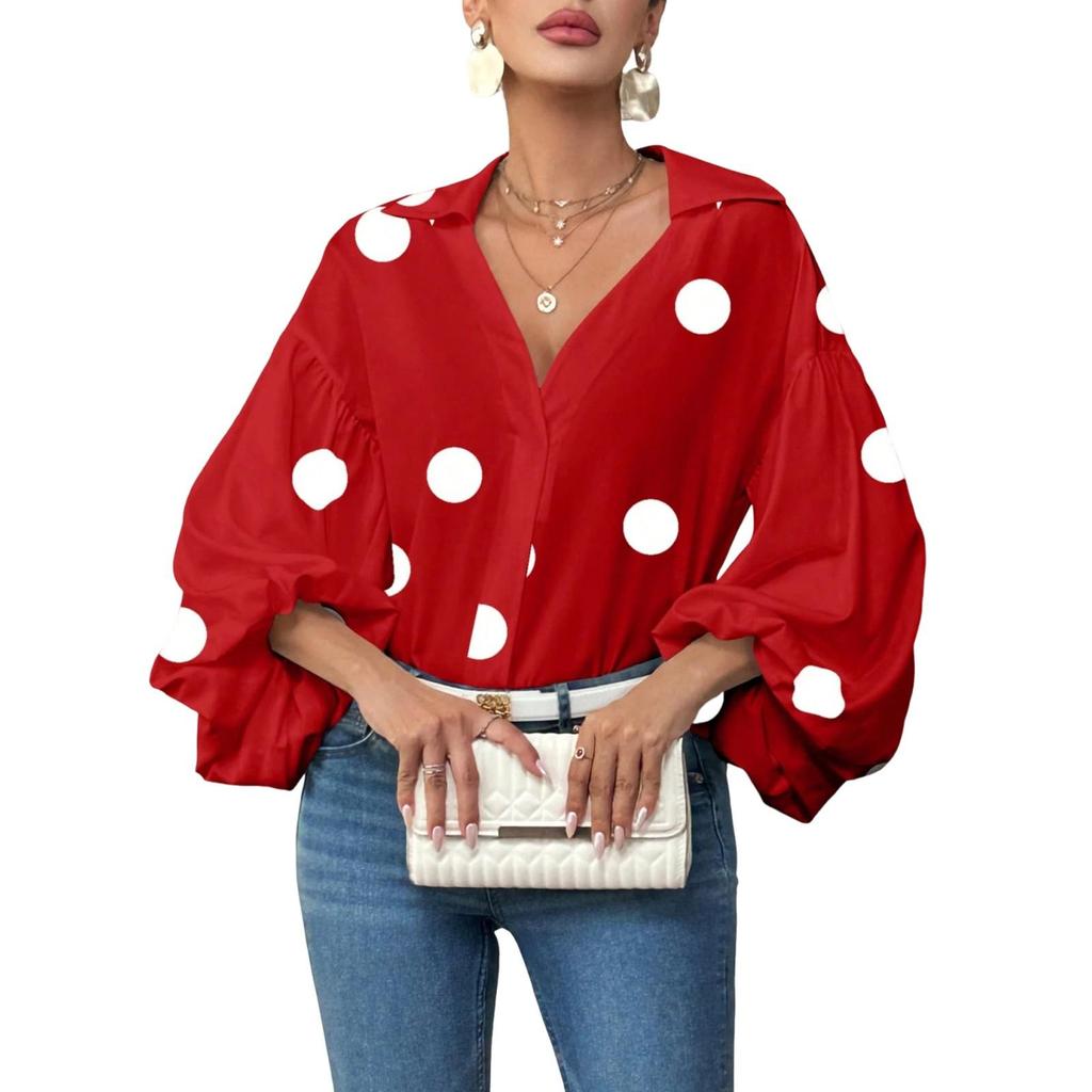 Haut Décontracté pour Femme à Pois Français, Col Demi-Ouvert, Ample, Manches Longues Bouffantes