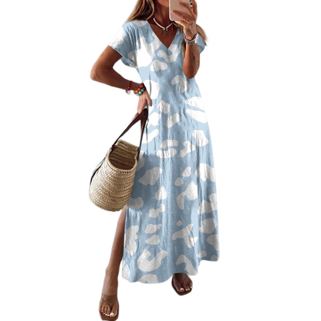 Women Summer Floral Dress Short Sleeve Beach Dress With Pockets Casual V-Neck Split Long T-Shirt Dress Travel Vacation