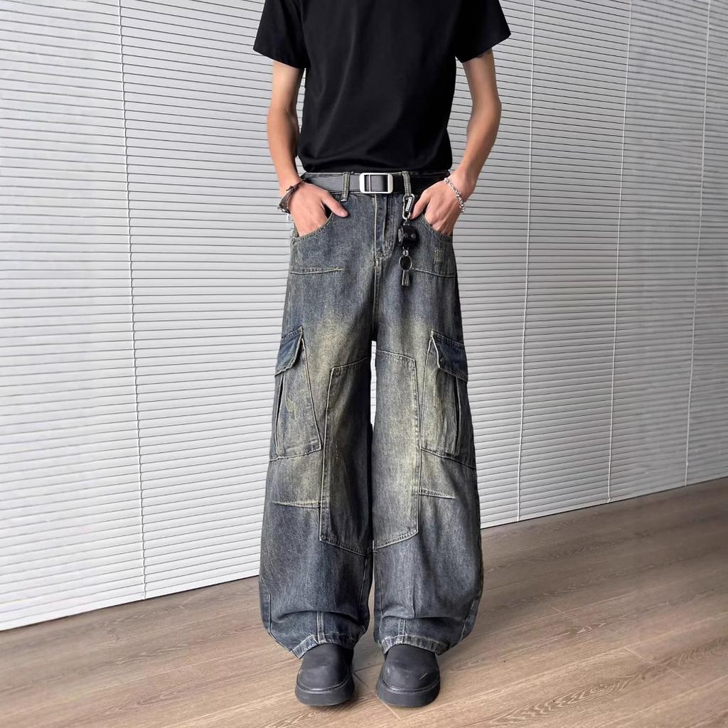 JYL Mens Jeans Autumn New Loose Straight American High Street Drooping Denim Pants