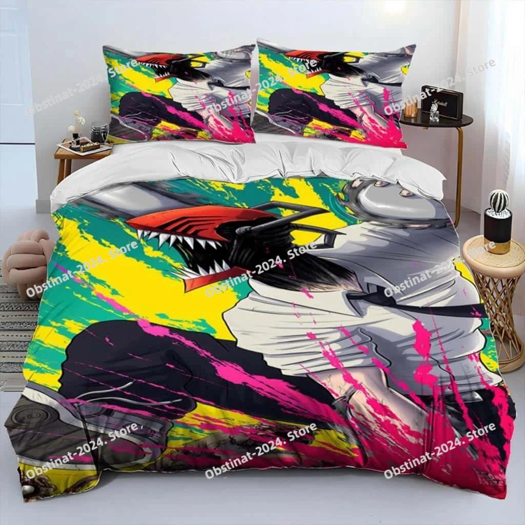 Juego de cama edredón de dibujos animados 3D Anime Chainsaw Man Denji, funda nórdica juego de cama funda de edredón funda de almohada, juego de cama tamaño king queen