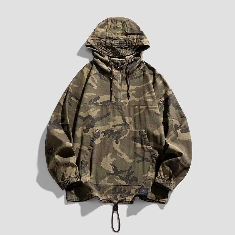 Retro American Camouflage Hooded Jacket: Autumn & Winter Outdoor Workwear with Half Zipper