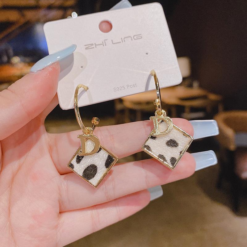 Sterling Silver Needle Geometric Leopard Print Polka Dot D-Shaped Earrings - Korean Trendy Stud Jewelry.