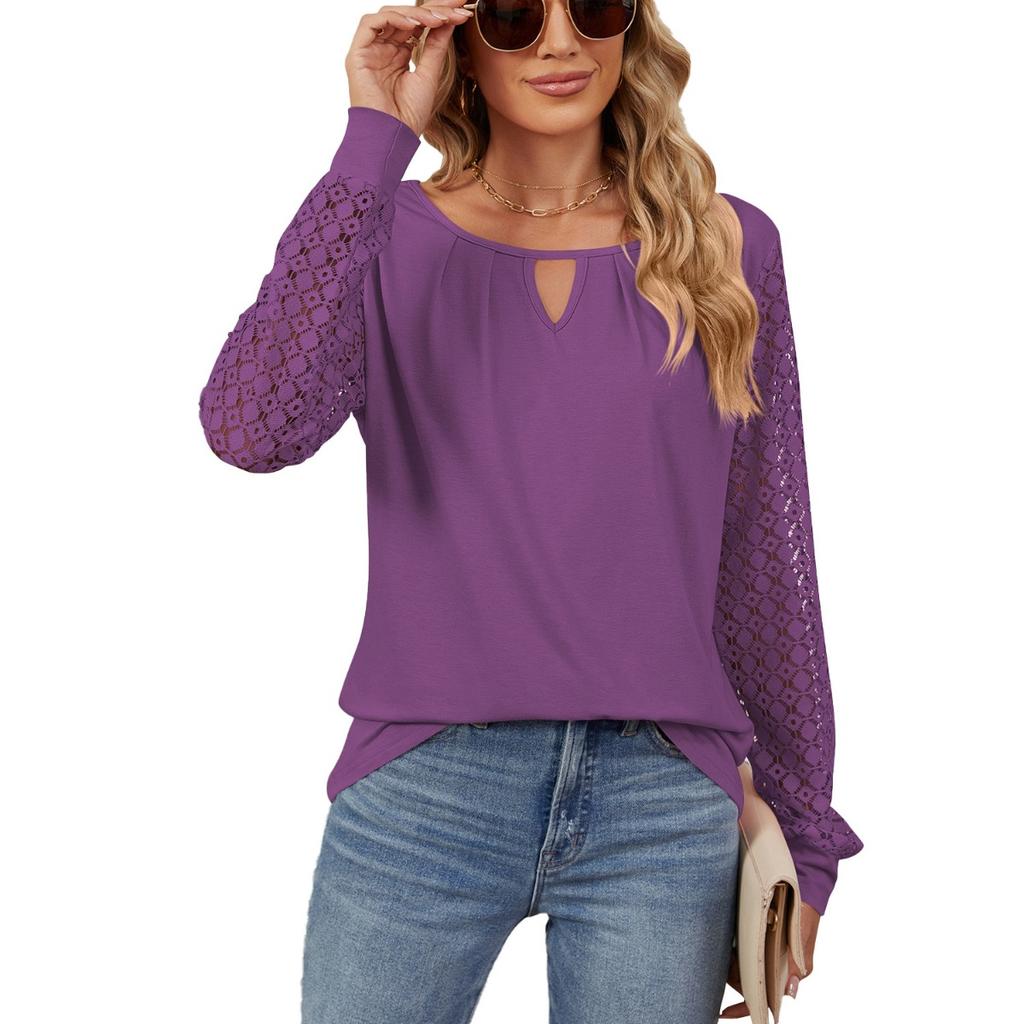 Fall Winter New Women's Solid Color Lace Splicing Loose Long Sleeve T-shirt Top For Cross-border Europe America