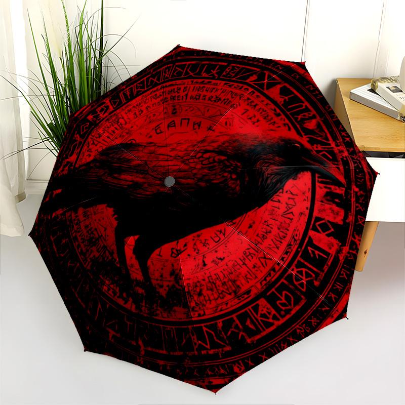 Rune Raven pattern, automatic folding umbrella, portable and foldable design, 8 ribs, a Christmas or birthday gift.