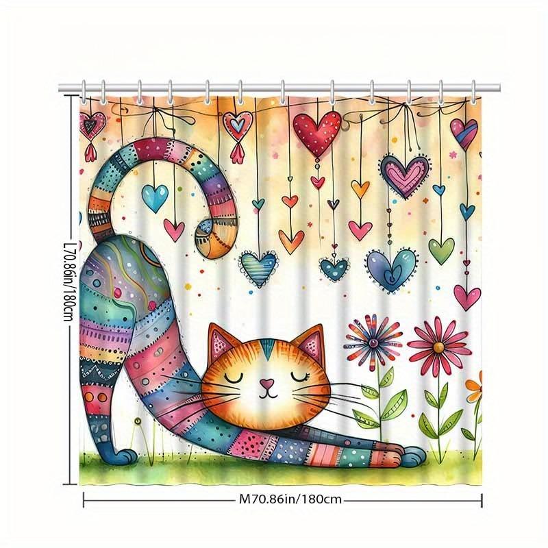 

Colorful Patchwork Cat Shower Curtain - Creative Heart Design Area Art - Bathroom Decor Home Artistic Whimsical Cat Curtain W60H190(CM)-1 Pcs