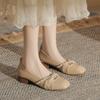 Pearl Ribbon Thick Heel Single Shoes Women's Summer Square Head Low Heel 3cm Small Heel Shoes Beaded Soft Sole Ballet Shallow Mouth Single Shoes Women