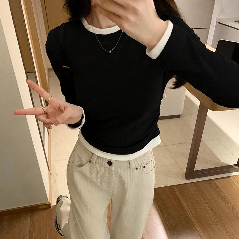 

Корейские утягивающие поддельные двухсекционные топы с длинными рукавами для женщин на осень и зиму, новые стильные внутренние контрастные плиссированные короткие футболки XL