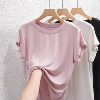 Womens Solid Color Loose Fit Short Sleeve Round Neck Casual T Shirt Top