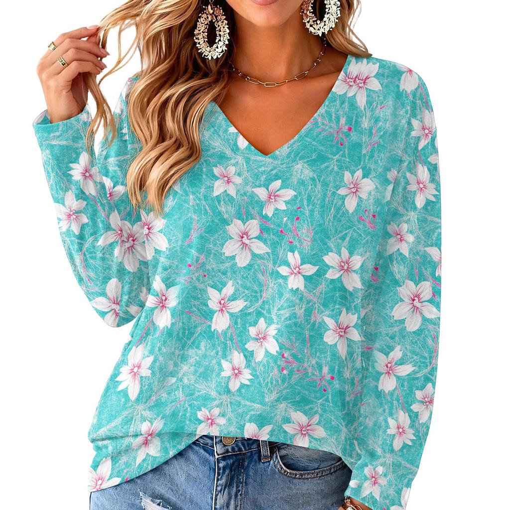 Women's V-Neck Long Sleeve Print Blouse Lightweight for Spring Summer