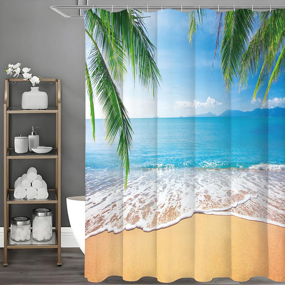 

Занавеска для душа «Океанский пляж с кокосовой пальмой», Декоративная занавеска для душа для ванной комнаты, Водонепроницаемая занавеска для душа с крючками 90*180cm