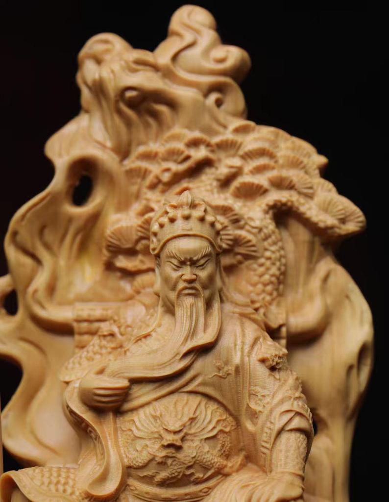 Small-Leaf Boxwood Carving: Mighty Guan Gong Ornament, Scenic Spot Style