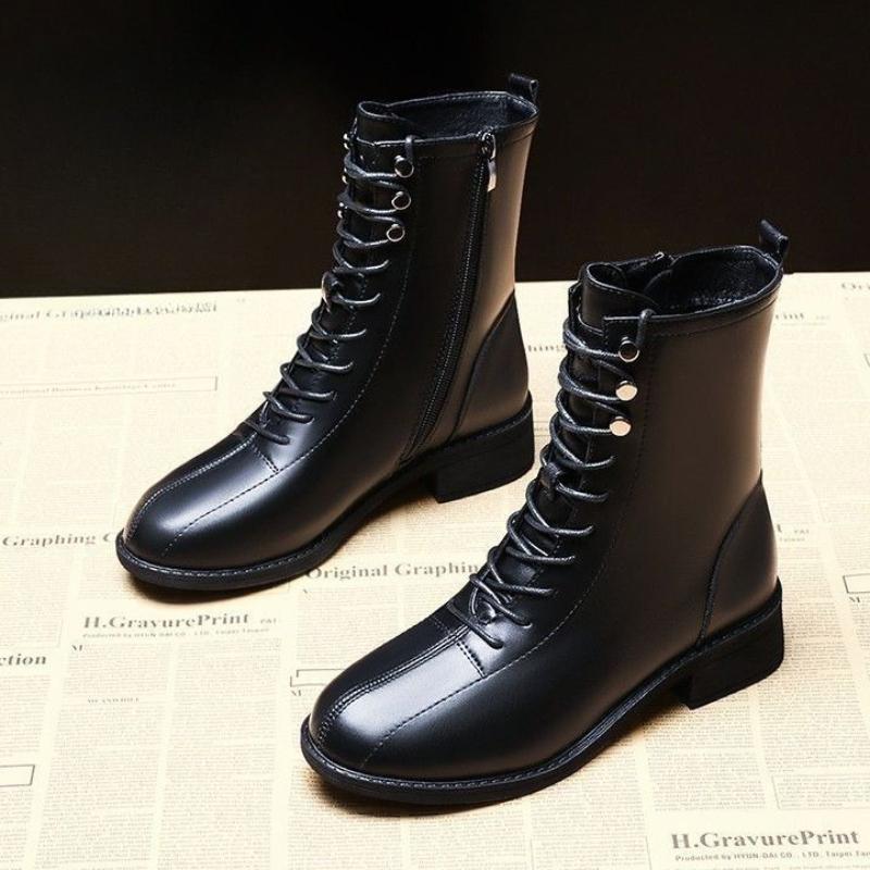 Middle Heel Lace-Up Round Toe Women'S Half High Boots Autumn Winter Fleece-Lined Trend  Y2K Gothic Ladies Mid Calf Shoes