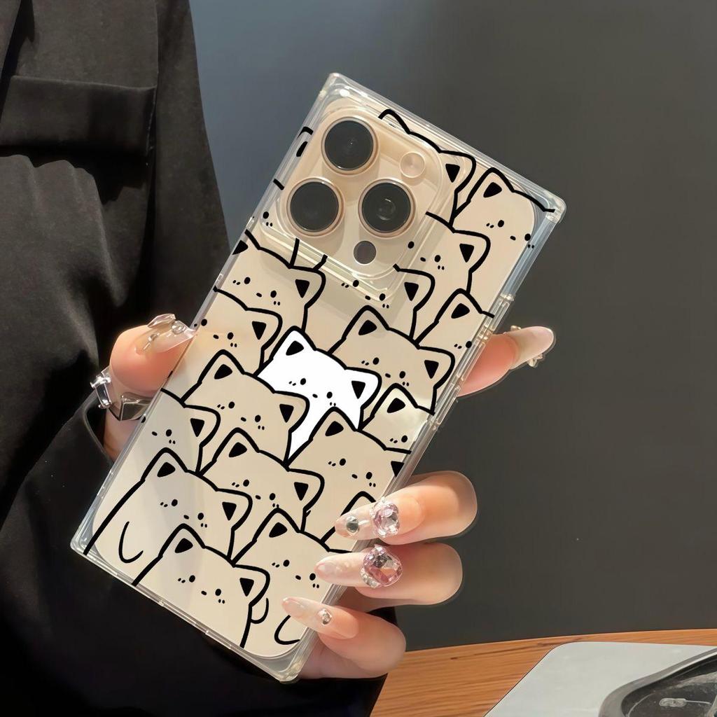 Square Back Tube Protection Clear Case For iPhone 12 13 15 Plus 16 ProMax 11 14 Pro Max Anti-Oxygen,White Cat Pattern Casing