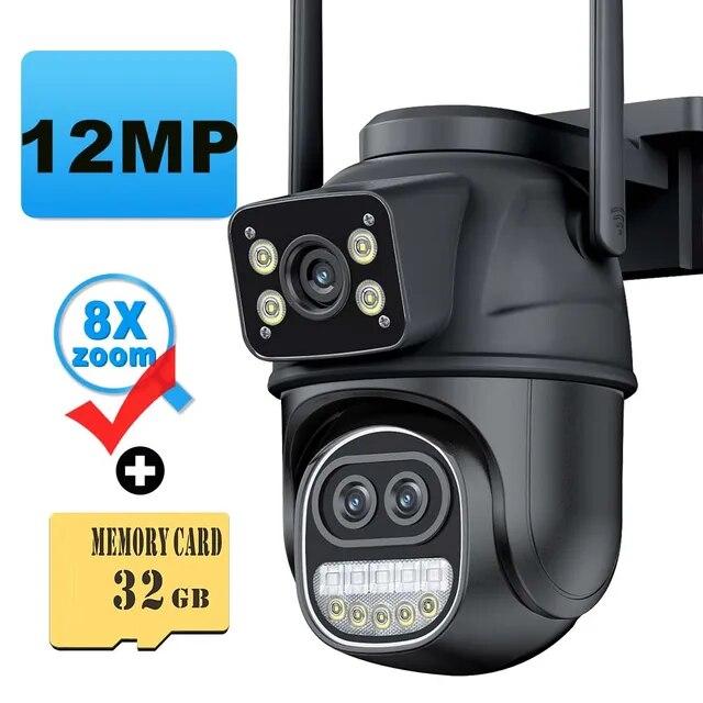 2025 New 12MP 6K WiFi IP Camera Outdoor Three Lens Dual Screens 8X Zoom CCTV PTZ Video Cam Auto Tracking Security Protection Surveillance