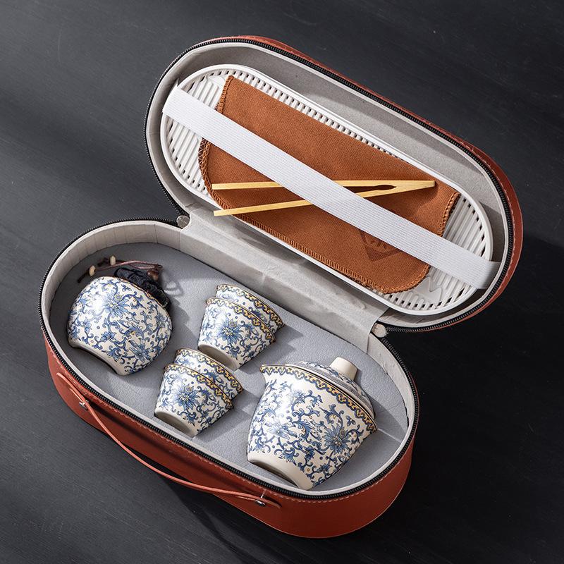Dingyao blue and white travel tea set, one pot and three cups, outdoor portable set, light luxury business company commemorative gift