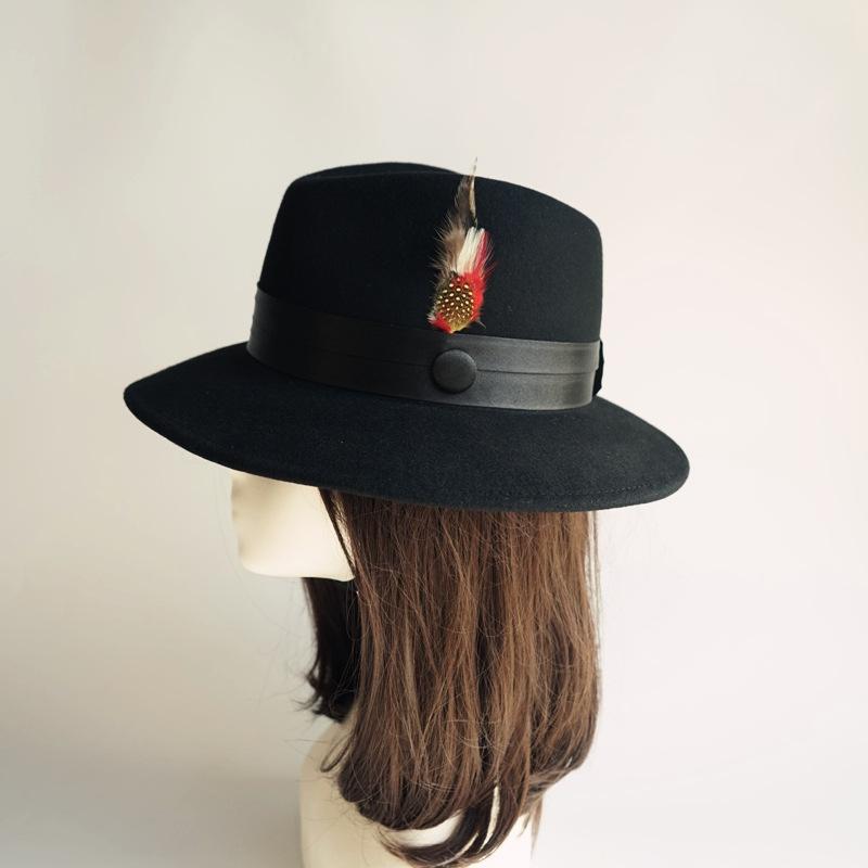 Europe And The United States Export Foreign Trade Feather Black Woolen Jazz Top Hat Men And Women Autumn And Winter Panama Gentleman Felt Hat