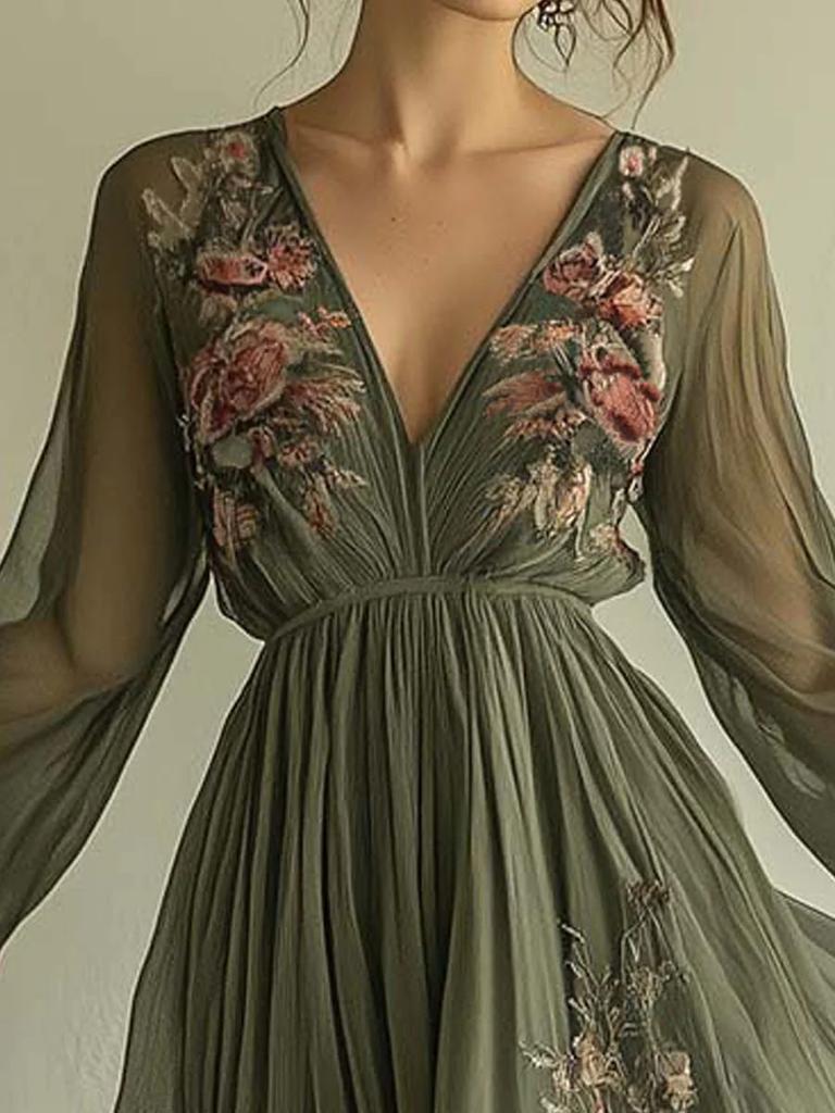 Women's Digital Printed Long Sleeve V-Neck Maxi Dress