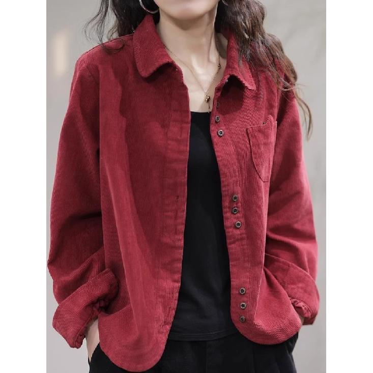 Primavera Outono Novo Vintage Solto Casual Camisa de Veludo Cotelê Feminina Bolso Moda Versátil Cardigã Top Mulheres Blusa de Manga Comprida Femme