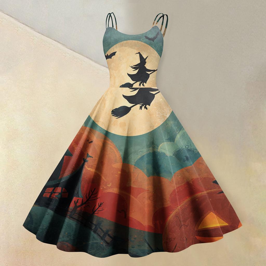 Women's Sleeveless Halloween Print Dress Vintage Style Round Neck Casual Fit and Flare Midi Dress with Spaghetti Straps and Festive Pattern