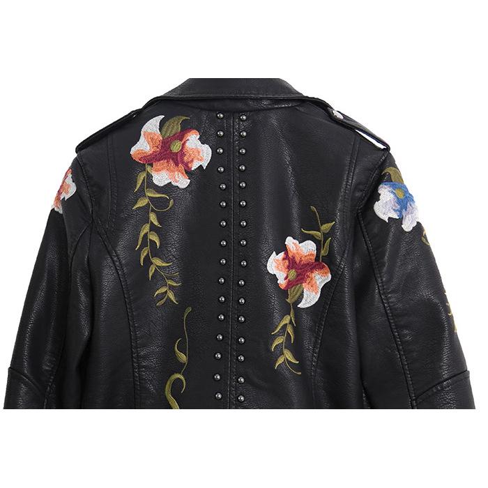 Floral Print Embroidery Faux Soft Artificial Leather Jacket Women Pu Motorcycle Coat Female Black Punk Zipper Rivet Outerwear