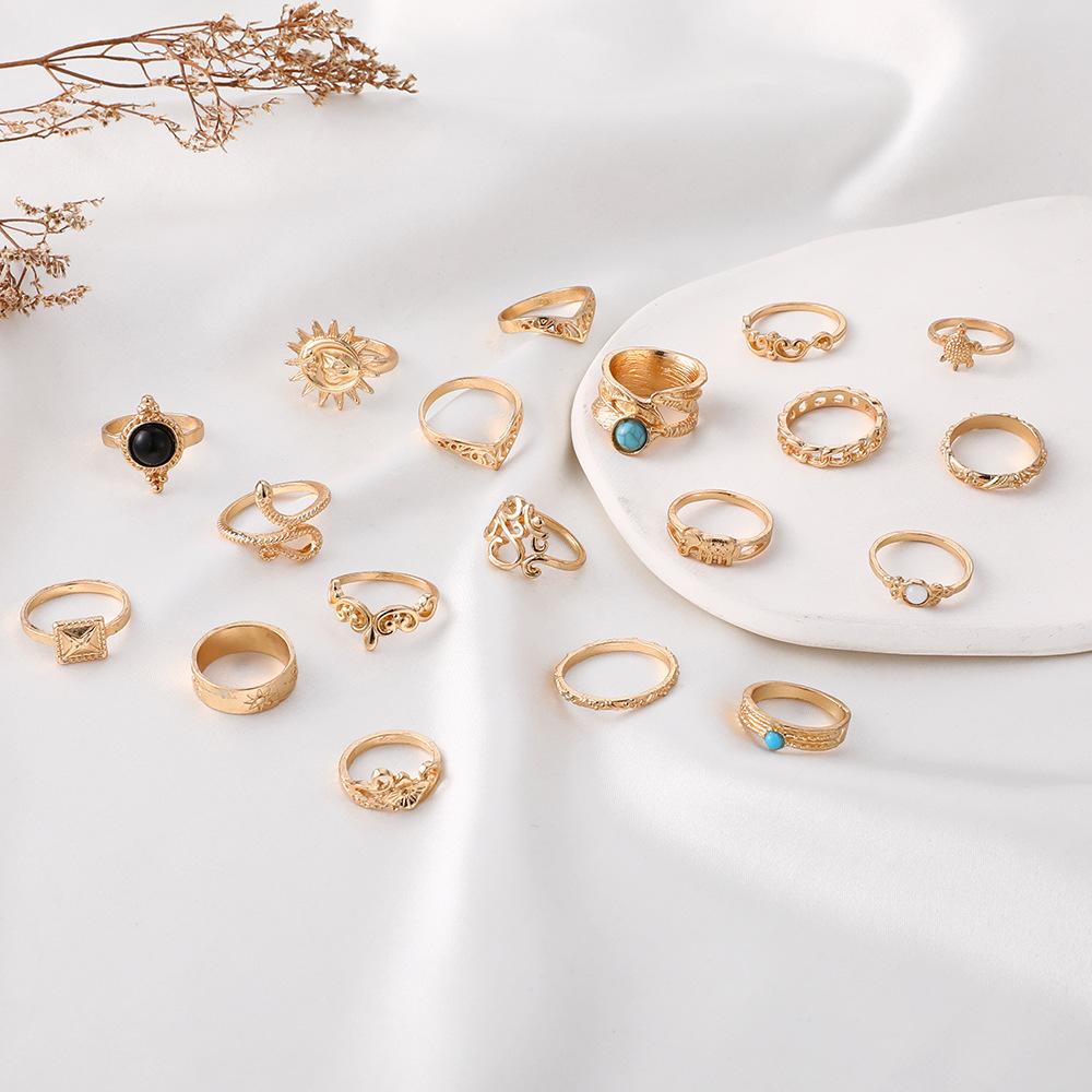 Cross-border Turquoise Ring Set Snake-shaped Turtle Fashion Black Hollow Elephant Combination 19-piece Set for Women