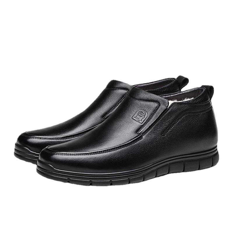 Old man's head men's shoes cowhide velvet warm men's cotton leather shoes medium old father shoes warm old man shoes black