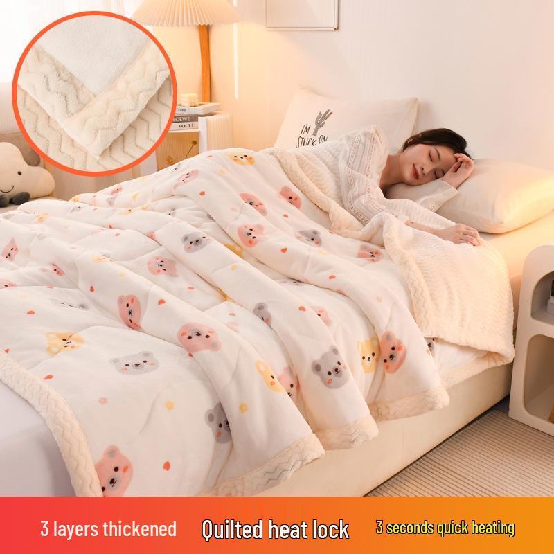 Three-Layer Quilted Milk Velvet Cartoon Blanket - Thick, Machine Washable, Ideal for Autumn/Winter Naps