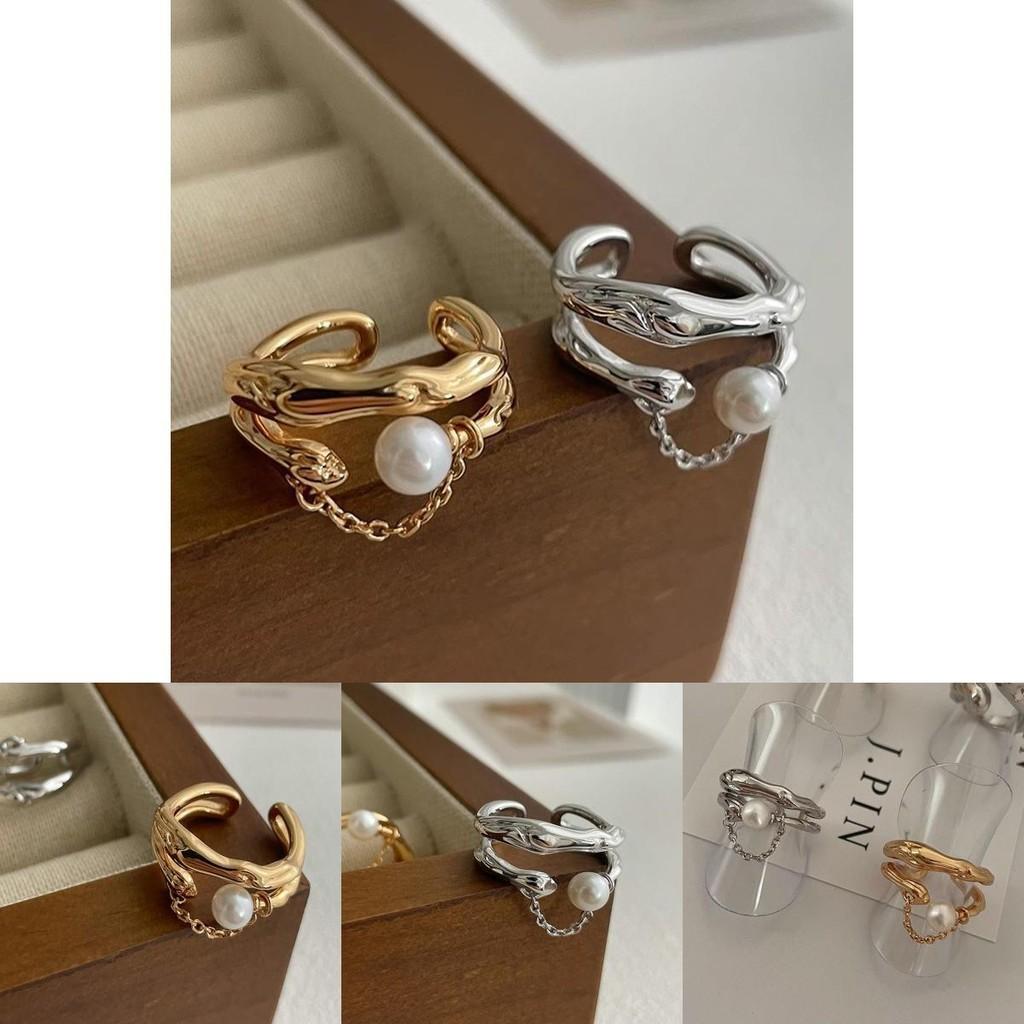 Elegancki Koreański Pierścionek z Perłą Dla Kobiet Regulowany Otwarty Geometryczny Dodatek Mody