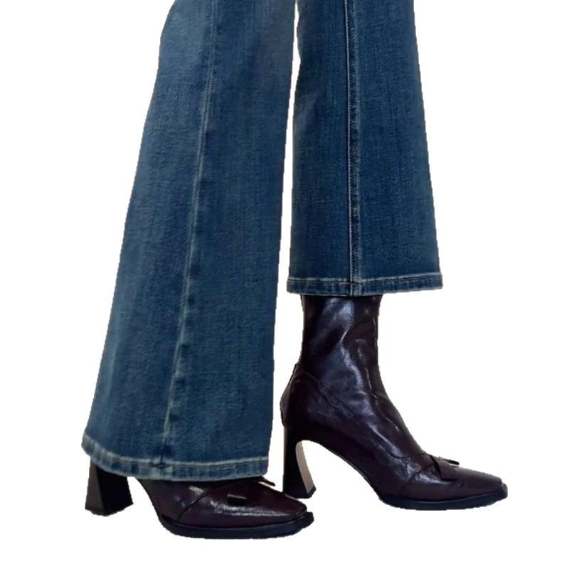 Sheepskin version~ retro bow high-heeled boots small square head temperament thick heel short boots rear zipper elastic thin boots women