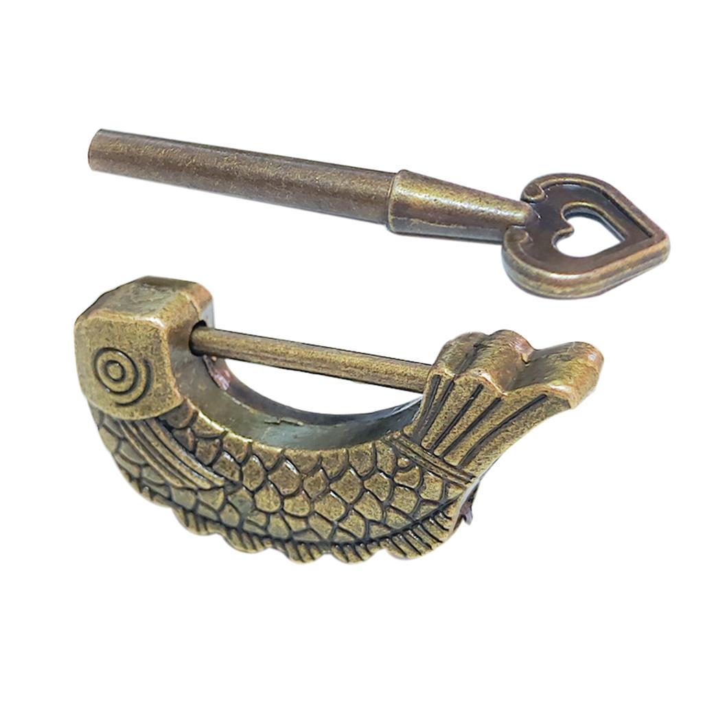 Vintage Fish Shape Padlock with Key Bronze Antique Lock Bronze Fish Design Lock for Wooden Suitcases & Jewelry Boxes