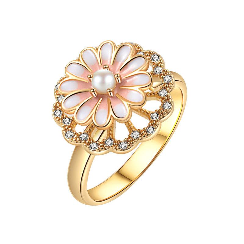 Luxury Rhinestone Flower Rotating Stress Relief Ring Fashionable Open Adjustable Band For Women