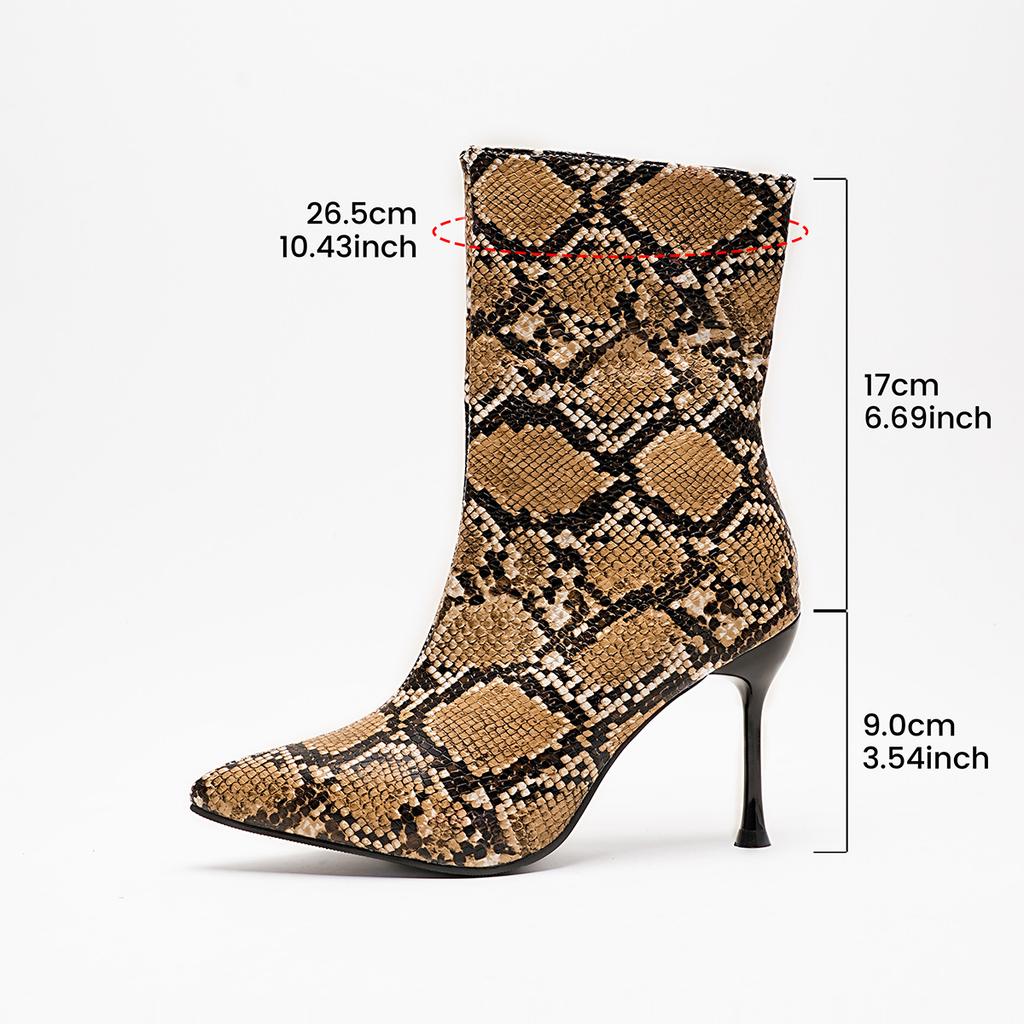Spitze Zehen Sexy Hohe Absätze Damen Neue Stilettos Karomuster Schlangenmuster Seitenreißverschluss Rutschfest Verschleißfest Hohe Absätze Stiefel