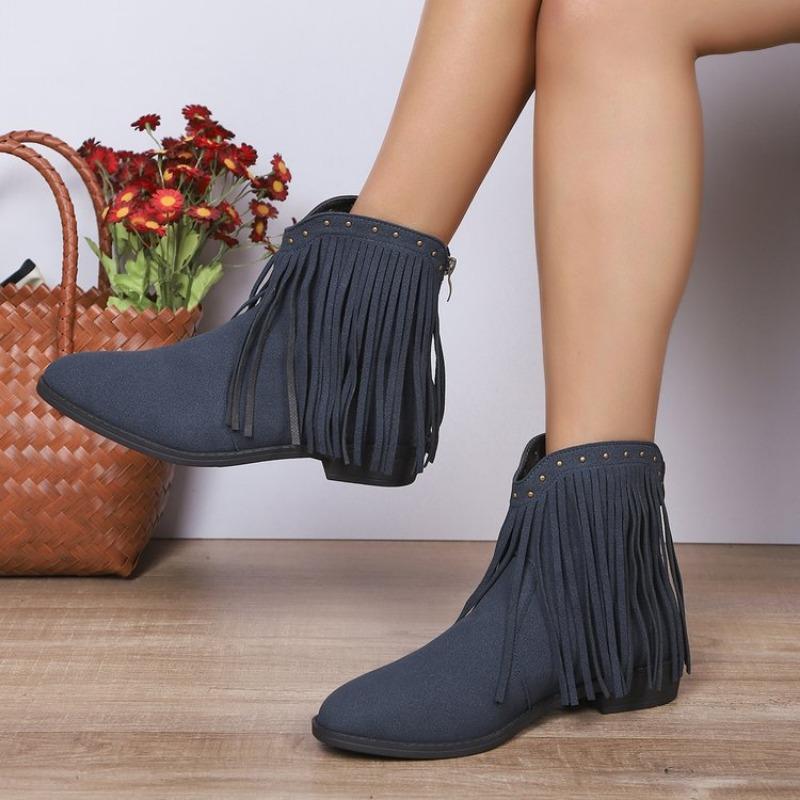 Women's New Vintage Nubuck Booties Women's Pointed Doc Martens Large Size Tassel Studded Western Cowboy Boots