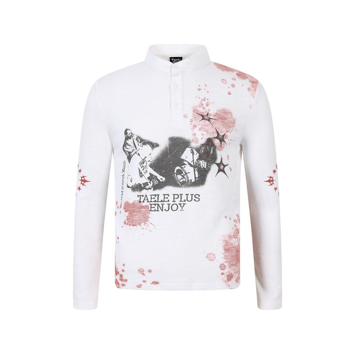 Slub cotton T-shirt, long-sleeve, niche personality, inkjet polo base shirt, half-open collar S белый