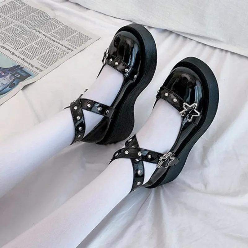 Shoes Lolita Shoes Women Heels Platform Mary Janes Star Buckle Strap Mary Janes Women Cross-tied Girls Rivet Casual Kawaii Shoes