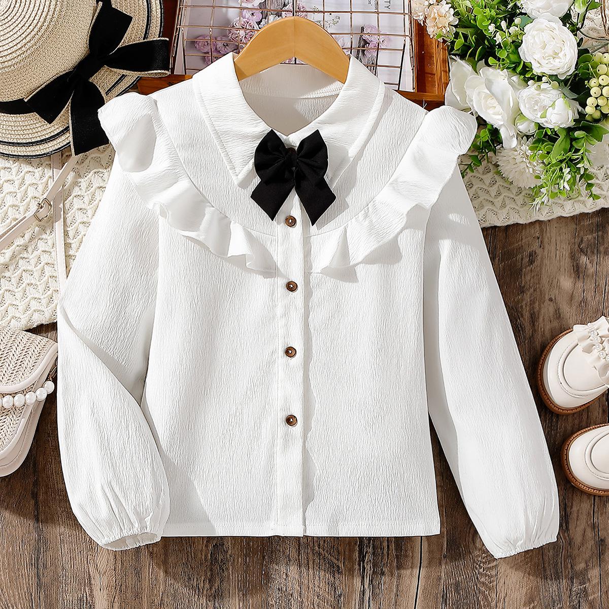

Белая блузка для больших девочек, топы с рюшами на рукавах, черные рубашки с бантом, одежда для девочек-подростков, школьная форма, осенние белые топы 11-12Y белый