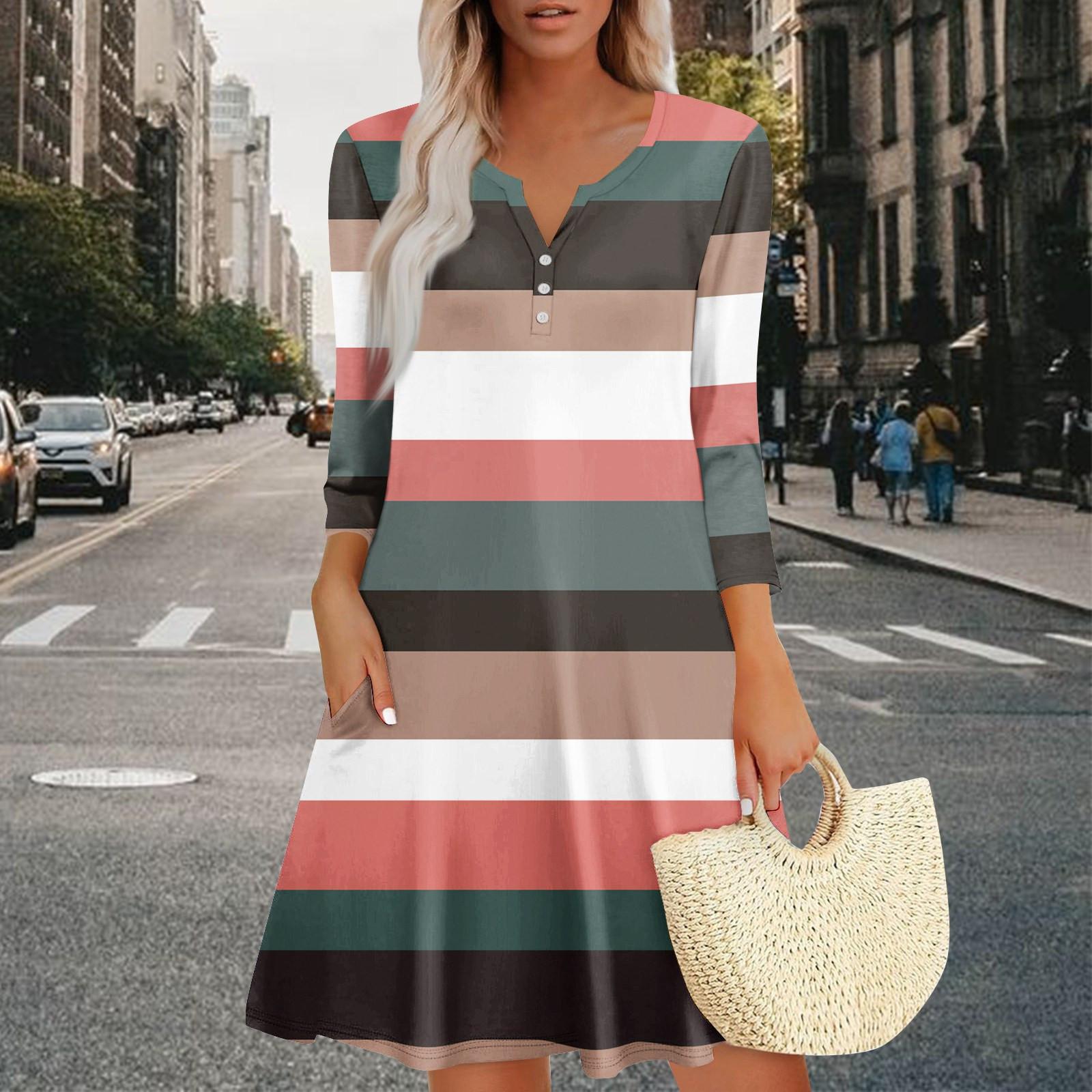 

Жіноча літня сукня вільного крою з V-подібним вирізом та рукавом три чверті, сукня-сарафан з кишенями S