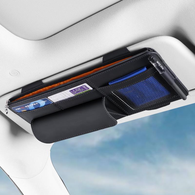 Car Sun Visor Organizer with Glasses Holder, Card & Pen Pockets – PU Leather Auto Interior Storage for Cars, SUVs & Trucks
