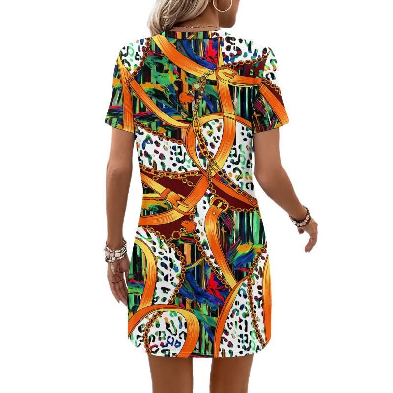 Europe, America 2026 summer new printing abstract pattern color chain design short-sleeved dress