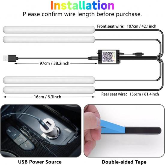 Car Led Light Interior Under Dash Foot Well Light RGB, 29 Modes Static/Gradient/Strobe, Music Sync, With Controller App Timer, USB 5V, Ide Car
